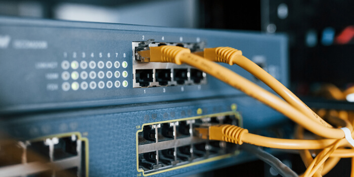 Close Up View Of Internet Equipment And Cables In The Server Room