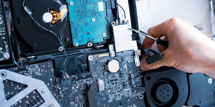 Computer Chip Electronic Repair. Hardware Engineer Technology Maintenance. Man Technician Pc Service.