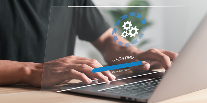 Businessman Working And Installing Update Process. Software Update Or Operating System Upgrade To Keep The Device Up To Date With Added Functionality In New Version And Improve Security.
